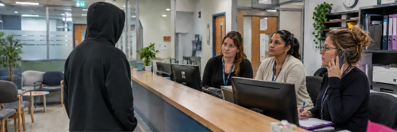 GP reception desk staff speaking with visitor