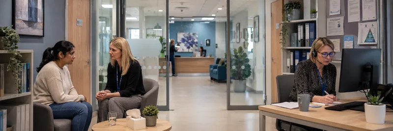 Two reception staff and patient in GP waiting area