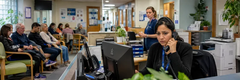 GP practice receptionist on phone at front desk