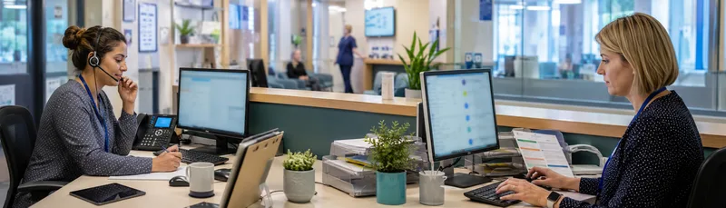 Two reception staff working at desks