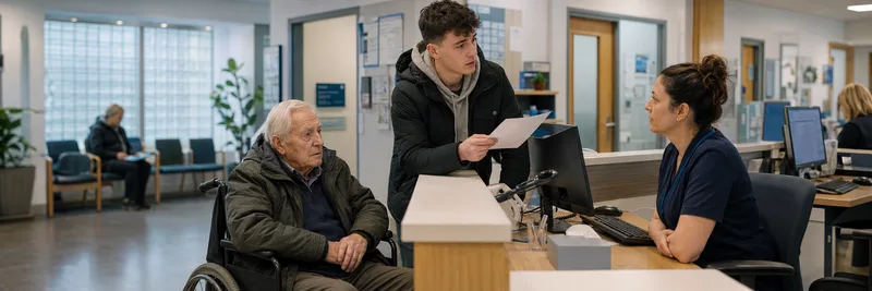GP reception desk with patient and staff