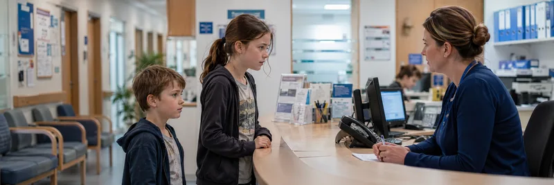 GP receptionist speaking with two children at desk