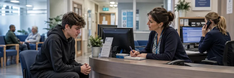 Reception desk conversation between receptionist and young man