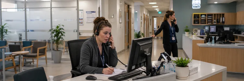 Two female GP receptionists at desk