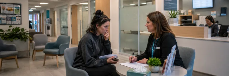 GP receptionist speaking with anxious patient