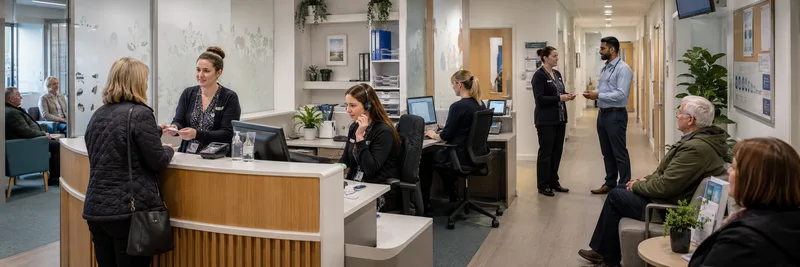 Busy GP reception area with staff and patients