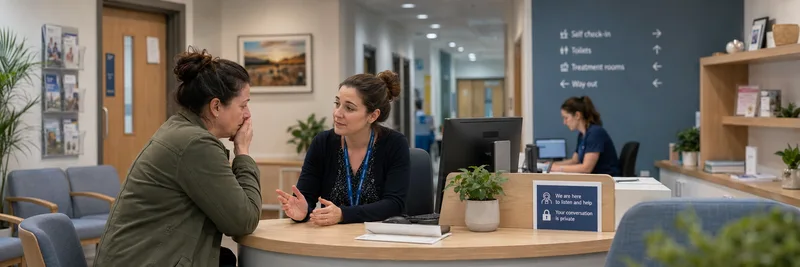 GP reception desk conversation with patient