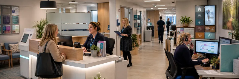 GP practice reception desk with staff assisting patients