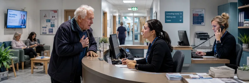 GP practice reception desk with staff and patient