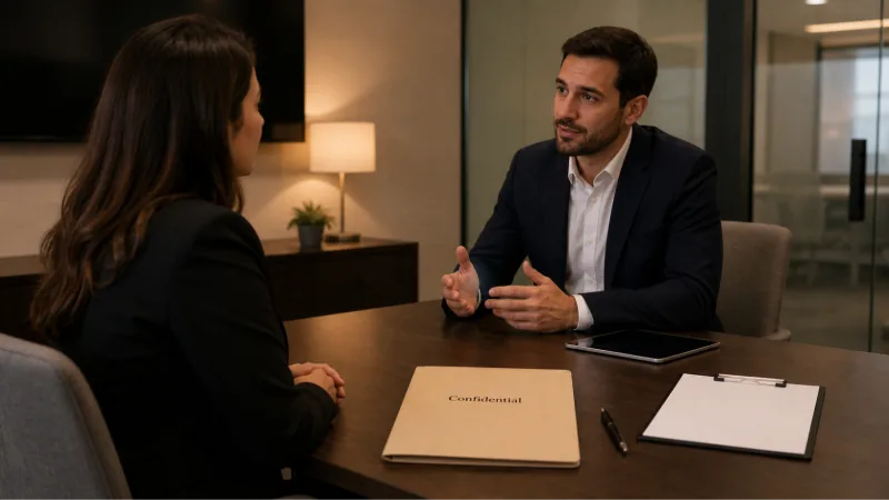 Two professionals in a private office meeting