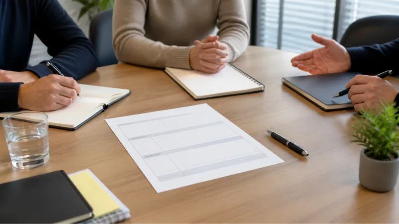 Three people meeting with documents on table