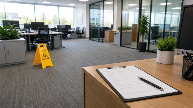 Empty modern office with incident sign and clipboard