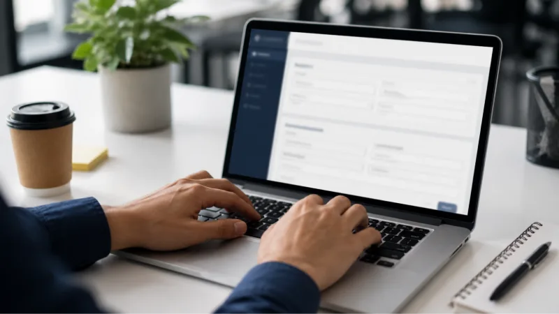 Hands typing on laptop with incident form