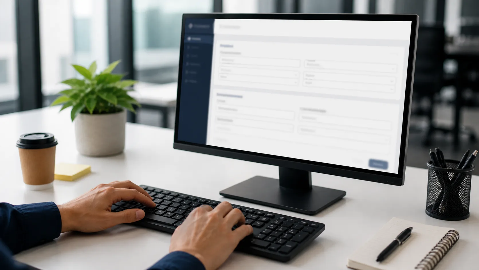 Hands typing at desktop computer with incident report