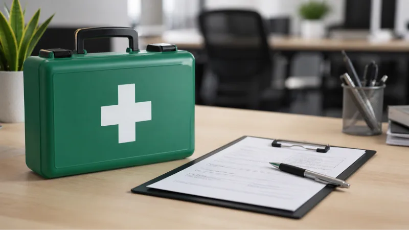 Green first aid kit and clipboard on desk