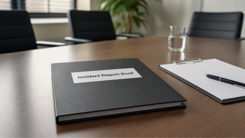 Closed incident report book on conference table