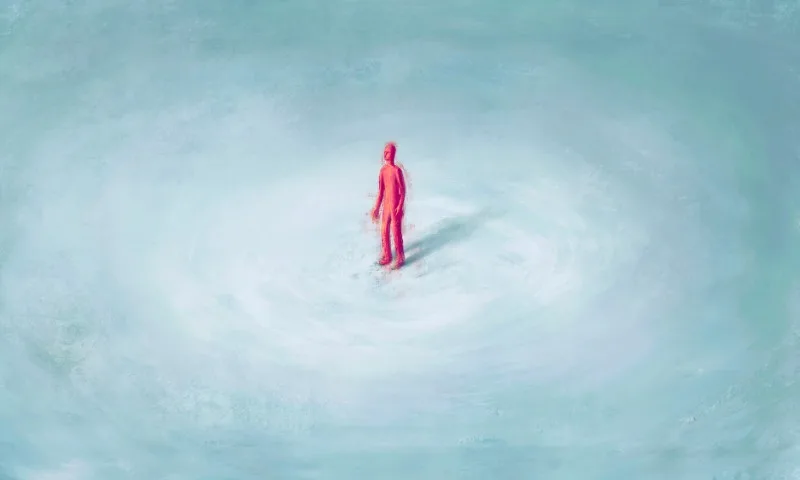 Small red figure standing alone on pale blue background