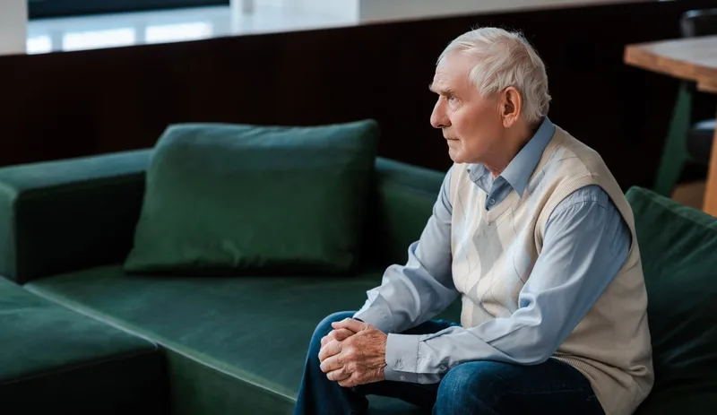 Elderly white man sitting on green sofa