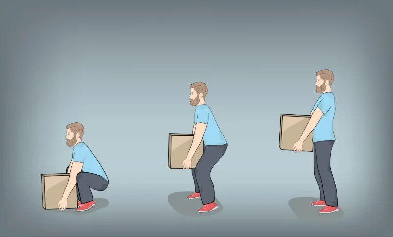 Three-step illustration of a person lifting a box