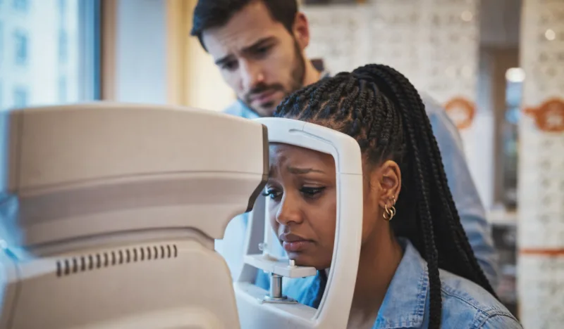 Concerned patient at an optical examination with a clinician nearby