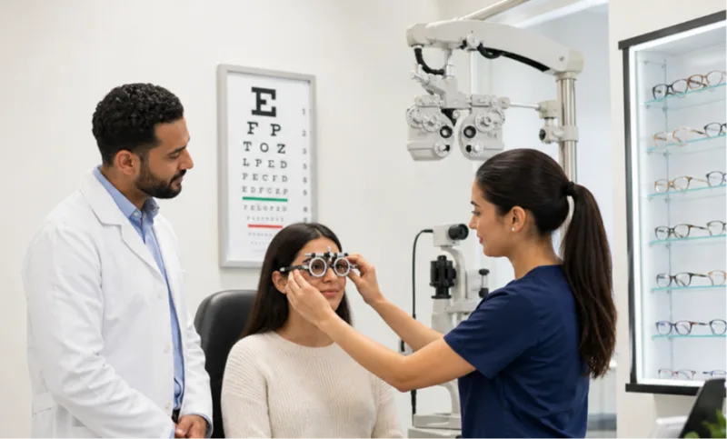 Optician adjusting trial frame on adult female patient