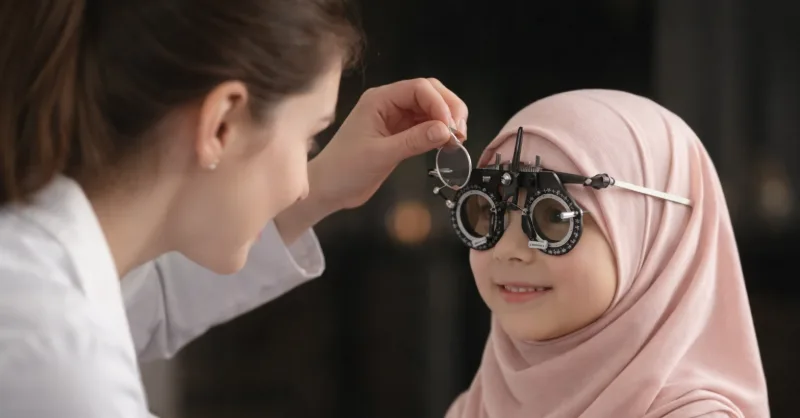 Child wearing trial frame over headscarf during eye exam