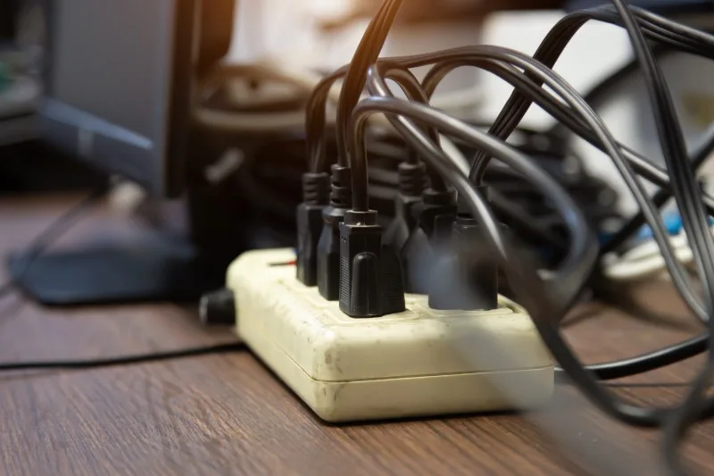 Power strip overloaded with multiple plugs