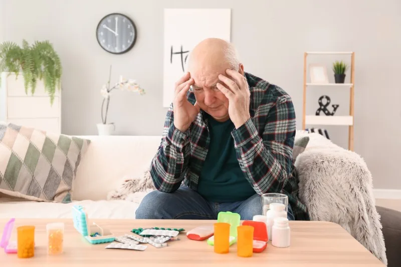 Seated older man holding his head at a table