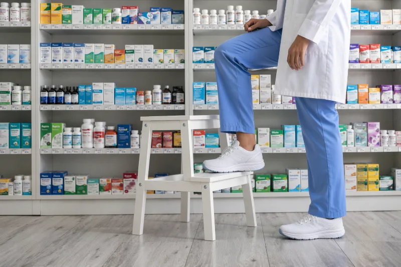 Person stepping onto stool in pharmacy aisle