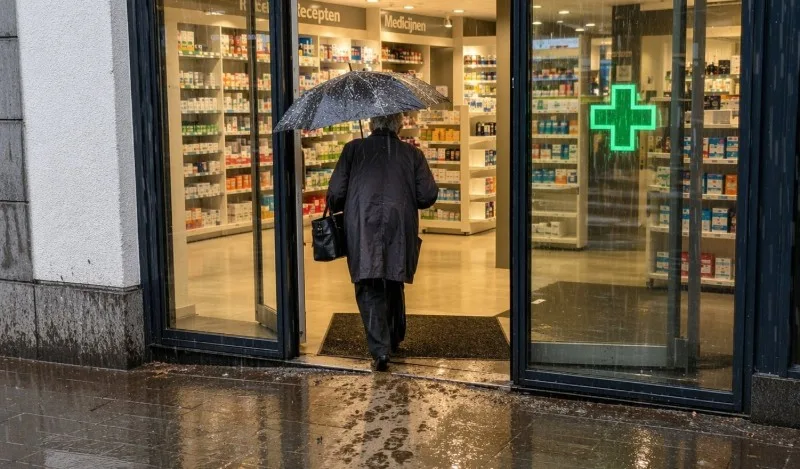 Person entering pharmacy under umbrella in rain