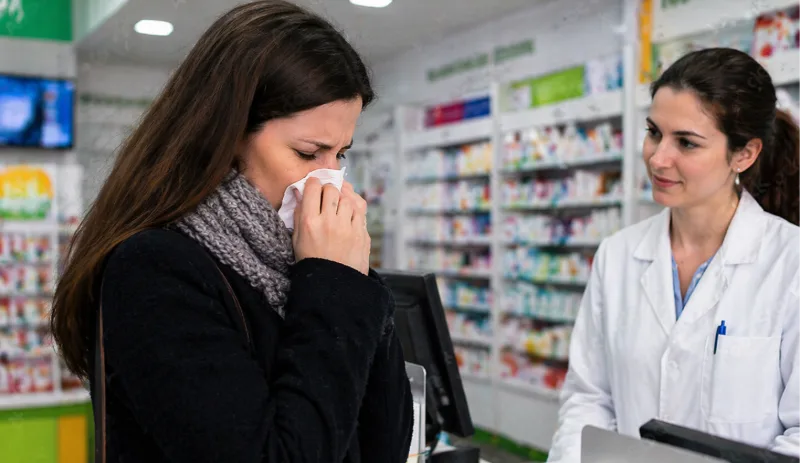 Woman blowing nose at pharmacy counter