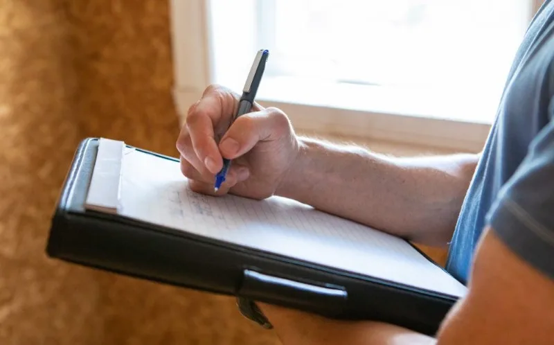 Person writing on clipboard near window