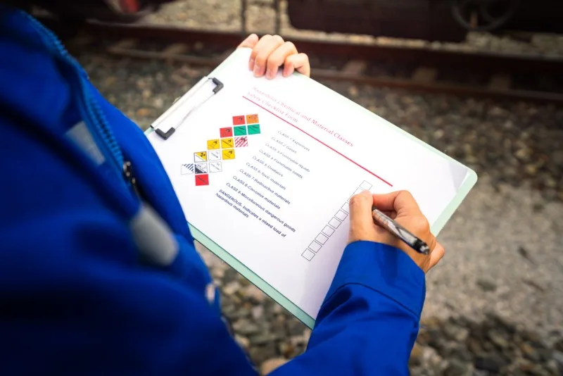 Person holding safety data sheet on clipboard