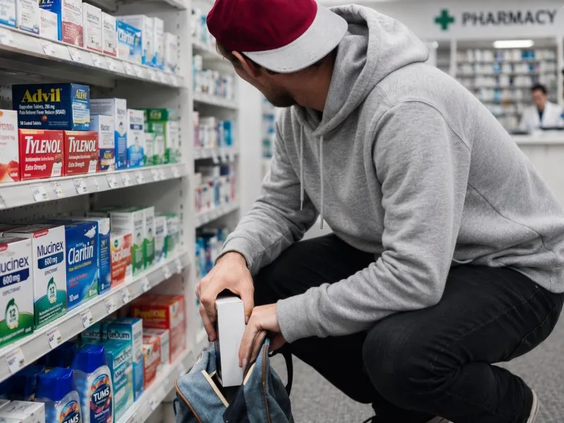 Person crouching at pharmacy shelf holding a medicine box