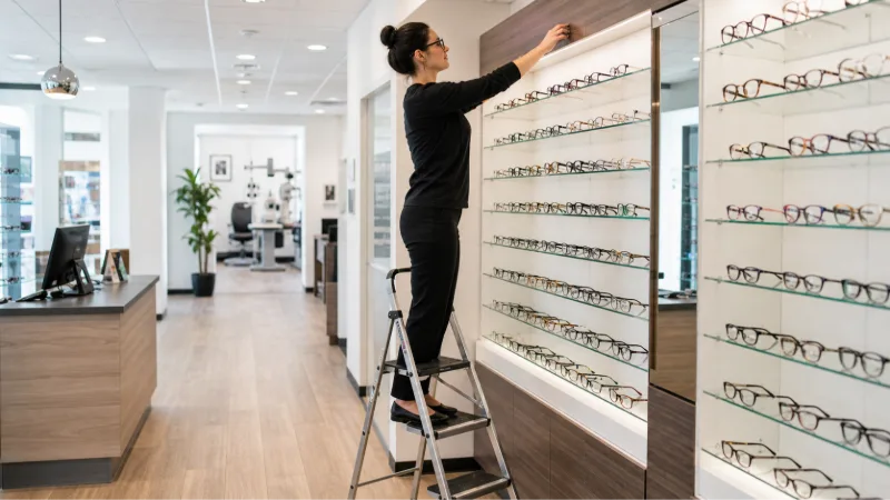 Optical practice staff member using a stepladder beside frame displays