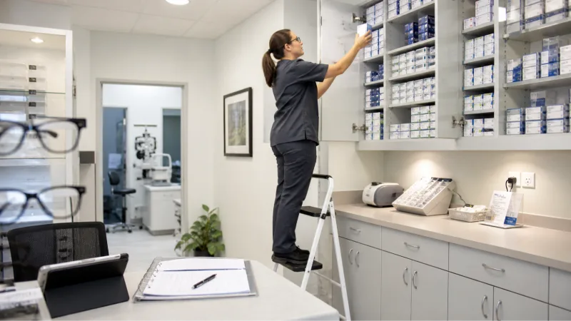 Optician standing on step stool reaching for eyewear box