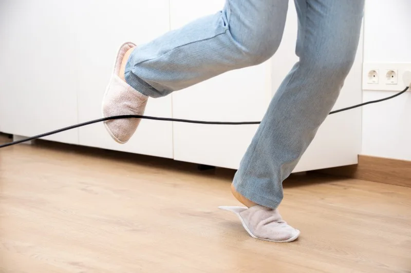 Person tripping over cable on wooden floor