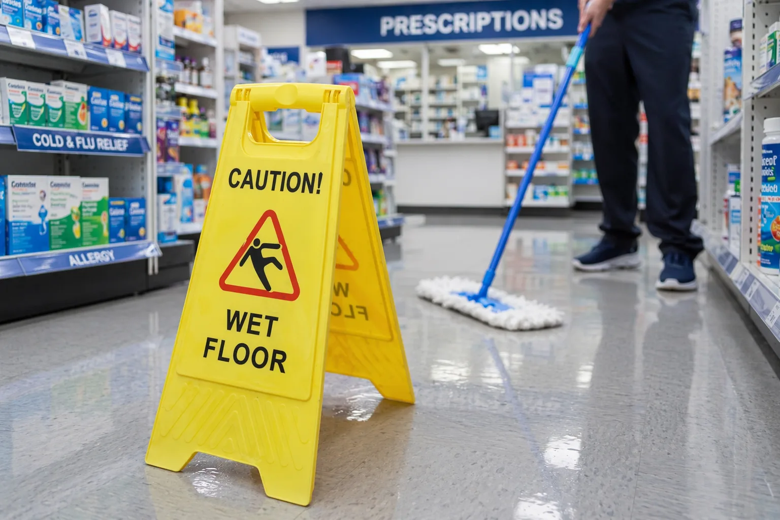 Yellow wet floor sign in pharmacy aisle