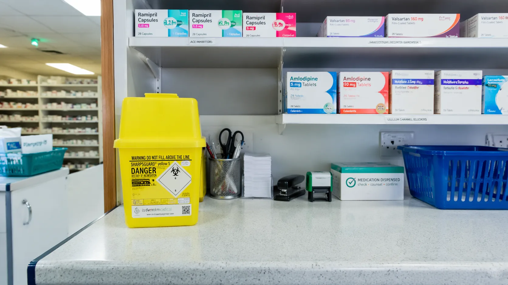 Yellow sharps container on pharmacy counter